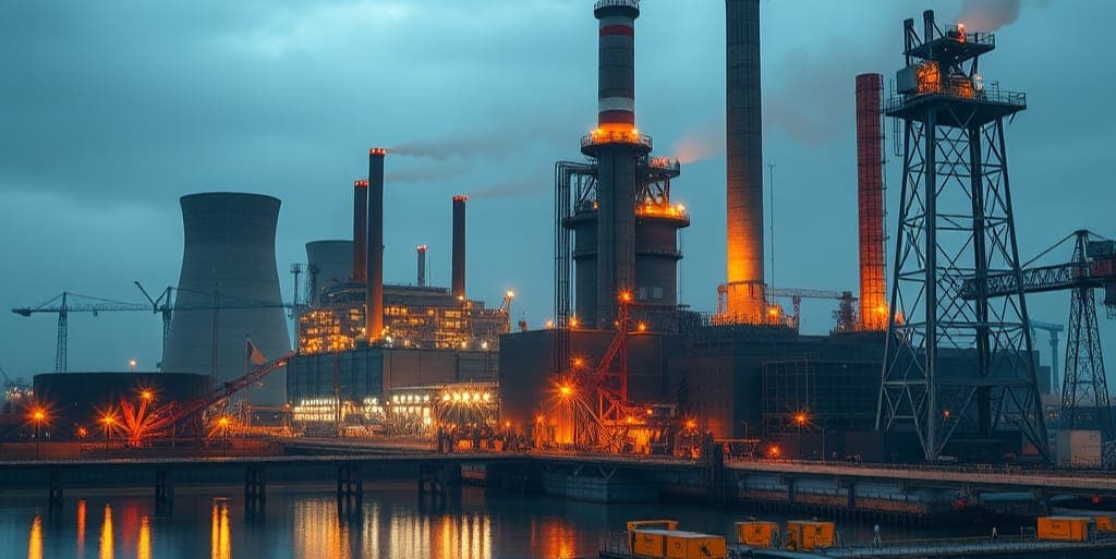An industrial plant with cooling towers and stacks lit at dusk
